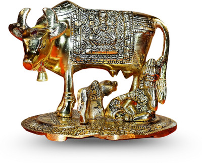 Yashdev Kamdhenu Cow with Calf Idol – Antique Gold Finish Decorative Showpiece  -  10.5 cm(Gold Plated, Gold)