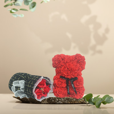 THE CLASSY CONCEPT The Classy Concept Forever Bloom Rose Teddy Decorative Showpiece  -  12 cm(Jute, Red)