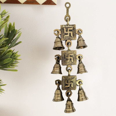 Hi Retails Pooja Wall Hanging Bells Swastik Design 12 inch Hight Decorative Showpiece  -  30 cm(Brass, Gold)