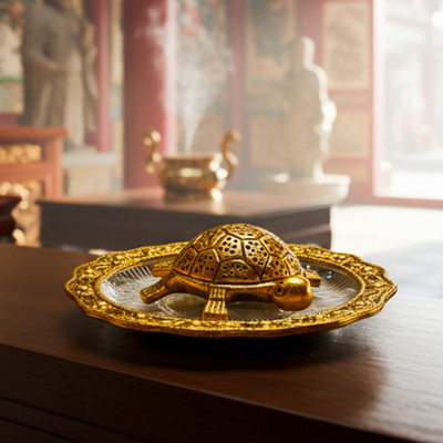 GIFTWA Turtle (Kachhua) with Plate Decorative Showpiece Decorative Showpiece  -  13 cm(Metal, Crystal, Brown)