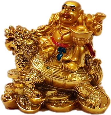 Spreading Smiles laughing buddha sitting on dragon tortoise Decorative Showpiece  -  12 cm(Polyresin, Gold)