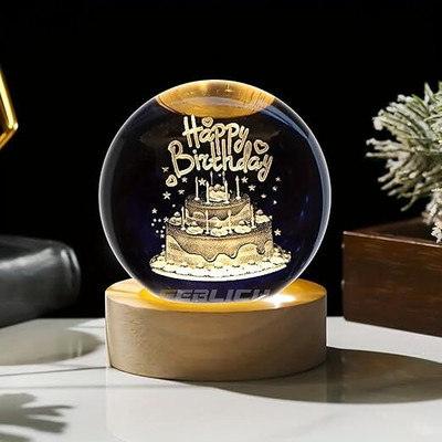 dyfinitiv Happy Birthday crystal ball Usb lamp with wooden Base Decorative Showpiece  -  8 cm(Crystal, Gold)