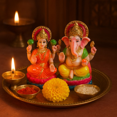 Oanik Laxmi Ganesh Idol Set 11x5 cm Lakshmi Ganesh Murti for Pooja Mandir, Diwali Puja Decorative Showpiece  -  11 cm(Resin, Beige)
