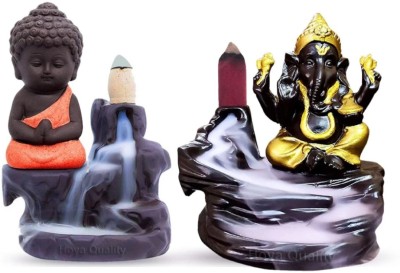 FRONTSIDE Golden Ganesh ji and Orange Buddha Smoke Decorative Showpiece  -  12 cm(Resin, Multicolor)