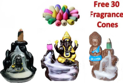 Jagmohan Enterprises Adiyog, Ganesh and Buddha Combo Backflow Incense Holder with 30 Scented Cones Decorative Showpiece  -  10 cm(Polyresin, Multicolor)