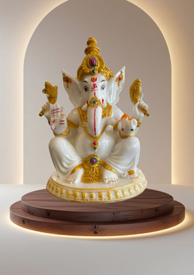 Serinity 8-inch Lord Ganesha Sitting Idol | Handcrafted Polyresin for Home & Office Decorative Showpiece  -  20 cm(Marble, White, Gold)