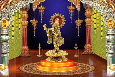 WALLSTORE Beautiful Krishna for Home Decoration | House Warming Gifting Decorative Showpiece  -  15 cm(Aluminium, Metal, Gold)