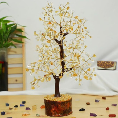 Crystal Divine Citrine & Clear Quartz Crystal Tree Handmade Home Decor Items & Showpiece Tree Decorative Showpiece  -  25 cm(Crystal, Multicolor)