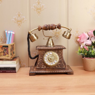 TrenDec Decorative Telephone Decorative Showpiece  -  25 cm(Wood, Metal, Gold, Brown)