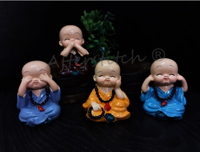 Spreading Smiles Set of 4 Baby Hat Mala Monk Buddha Idols statues Showpiece for Car Dashboard Decorative Showpiece  -  6 cm(Polyresin, Multicolor)