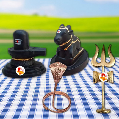 PUCHCHI Black Nandi and Black Shivling with Nag Devta Idol, Brass Trishul for Temple Decorative Showpiece  -  11.9 cm(Resin, Black)