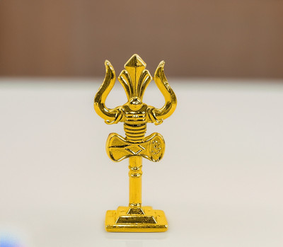 Adhvik Golden Mahadev Trishul With Damaru Double Side God Stand for Car Dashboard Decorative Showpiece  -  7 cm(Metal, Gold)