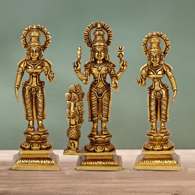 Tryfeet Superfine Kartikeya Murgan with Two Wives Decorative Showpiece  -  19 cm(Brass, Gold)
