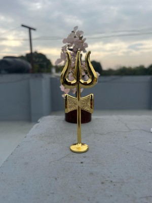 Chkoteravatiya Shiv ji Trishul, Damru with Stand for /Temple/Puja Decorative Showpiece  -  10 cm(Brass, Gold)