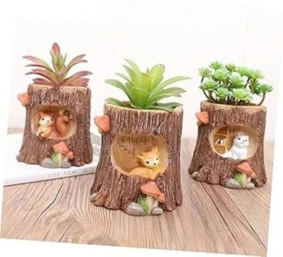 MayB Flower Pot, Tree Shape with Squirrel Design Decorative Showpiece  -  9.5 cm(Polyresin, Brown)