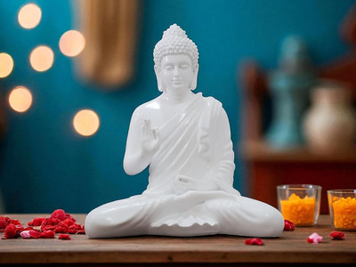 KridayKraft White Ceramic Meditating Buddha Statue for Home Office Decor Decorative Showpiece  -  35 cm(Resin, White)