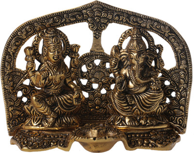 DreamKraft Lakshmi ji Ganesh ji Sitting On with Diya Stand Decorative Showpiece  -  15 cm(Aluminium, Gold)