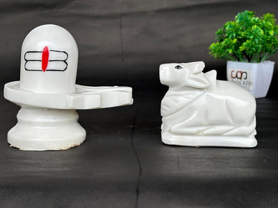 salvusappsolutions Marble Dust Shiv Pindi and Nandi Statue (Shivling - 4 In, Nandi - 3 In) (White) Decorative Showpiece  -  10 cm(Marble, White)
