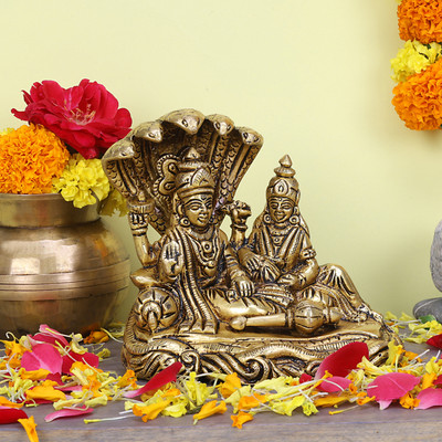 utsavicraft Religious Superfine Vishnu Laxmi on Sheshnag Statue Decorative Showpiece  -  11 cm(Brass, Gold)