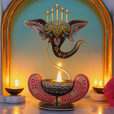 Handicrafy Metal Ganesha Tealight Candle Holder Decorative Showpiece - 28 cm(Metal, Multicolor)