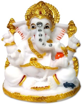 Uniqon Marble Dust Mukut 4 Hand Ganesha/Bappa With Modak Laddu For Home Decoration Idol Decorative Showpiece  -  7.5 cm(Marble, White, Gold)