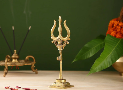 Fashion Bizz Pure Brass Lord Shiva's Trishul with Damru Decorative Handcrafted Figurine Decorative Showpiece  -  14 cm(Brass, Gold)