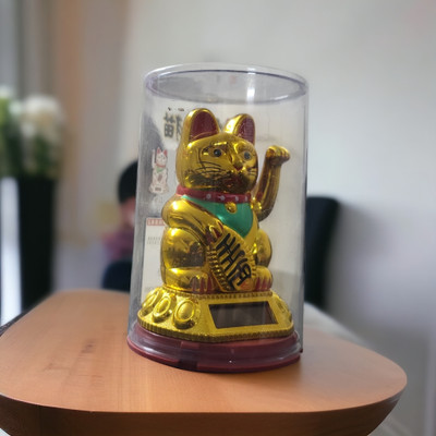 Wanderwalls Solar Golden Kitty with Waving Hand Decorative Showpiece  -  10 cm(Plastic, Gold)