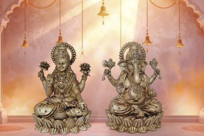 Satyankit Brass Lakshmi Ganesh Idol Set, Handcrafted Antique Finish | Puja Home Décor Gift Decorative Showpiece  -  10 cm(Brass, Gold)
