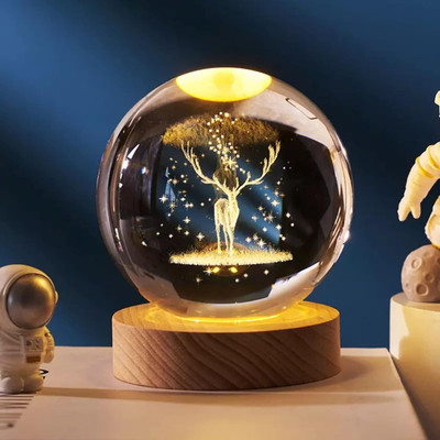 Errol 3D Crystal Ball Night lamp | USB Cable LED Wooden Base Crystal Ball-Deer Night Lamp(6 cm, Crystal)