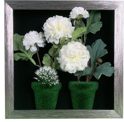 EPICS CRAFT 3D Model Square Shaped Carnation Flower in Green Pot Wall Frame Decorative Showpiece  -  30 cm(Wood, White)