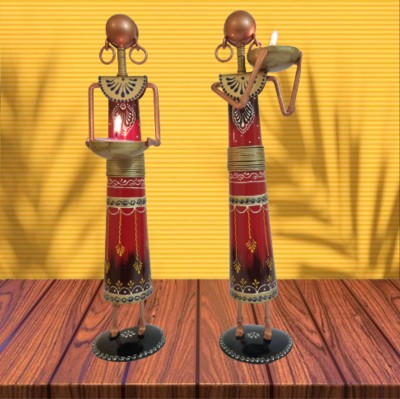 Desi Craftholic Tribal Doll Tealight Candle Holder Set of 2 Decorative Showpiece  -  36 cm(Metal, Red)