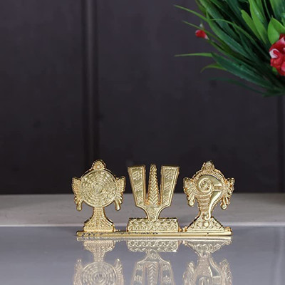 Idolsplace Tirupati Balaji Symbol Stand Shankh Chakra Namah Gold Plating Antique Decorative Decorative Showpiece  -  4 cm(Metal, Gold)