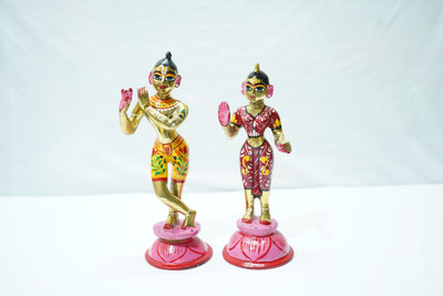 Hishaar Enterprises Pure Brass 12-Inch Hand Painted Radha Krishna Pair/Radha Raman Idols Designed Decorative Showpiece  -  12 cm(Brass, Gold, Pink)