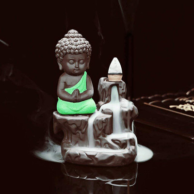 BZILO Green Polyresin Smoke Buddha Backflow Cone Incense Holder with 10 Cone Decorative Showpiece  -  8 cm(Polyresin, Green)