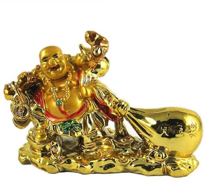 Vedeek Collections Laughing Buddha Drag The Money Potli for Money Wealth and Good Luck Decorative Showpiece  -  8 cm(Resin, Multicolor)