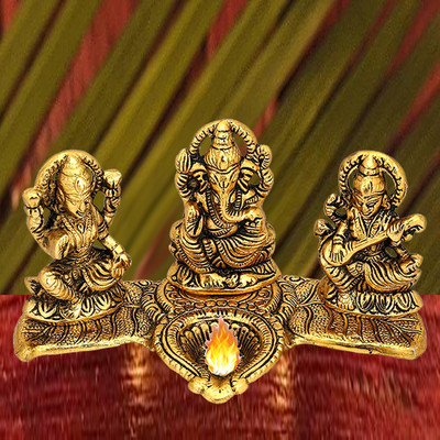 NOKTUS Metal Laxmi Ganesh Saraswati Statue Brass Table Diya(Height: 4 inch)