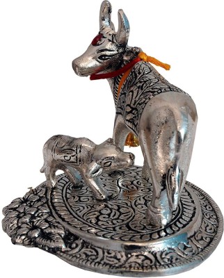 Yoshiva Hand Carved Kamdhenu Cow Statue with Small Calf Pack of 1 Decorative Showpiece  -  5 cm(Metal, Silver, Black)