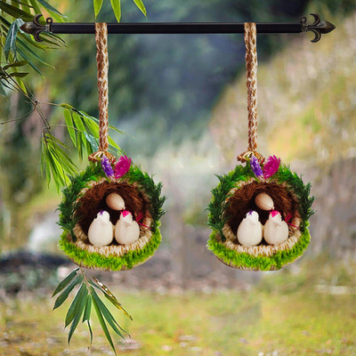 The Shine Store Artificial Birds Nest Hanging Made of Natural Grass Bird Home Decor Pack of 2 Decorative Showpiece  -  26 cm(Jute, Plastic, Feather, Green)