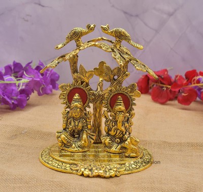 Delhi Gift House Gold Plated Laxmi Ganesh Murti Under Tree With 2Pcs Hand Diya And One Red Box Decorative Showpiece  -  18 cm(Metal, Gold Plated, Gold)
