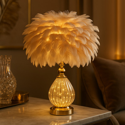 Advika Feather Crystal LED Table Lamp for Bedroom, Living Room|Feather Shade Night Lamp Decorative Showpiece  -  63 cm(Glass, Plastic, Clear)