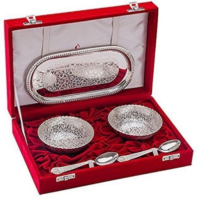 INTERNATIONAL GIF Silver Bowl Set With Spoon And Tray Silver Finish With Velvet Box Brass Bowl (Silver, Pack Of 5) Showpiece, Decoration, Home Decor Items Decorative Showpiece  -  6 cm(Aluminium, Silver)