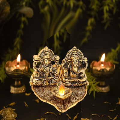 Kitlyn Ganesh Laxmi Ji Diya Deepam for Good Luck Ganpati ji Sitting On Leaf Decorative Showpiece  -  8 cm(Brass, Gold)