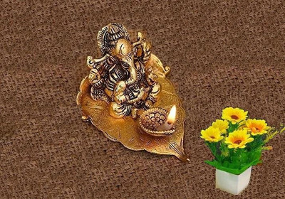 WALLSTORE Beautiful Metal Golden Oxidized Ganesh Ji Sitting On Leaf With Diya Decorative Showpiece  -  7 cm(Brass, Gold)