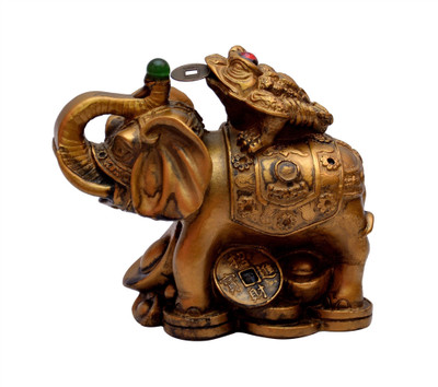 Feng Shui Art Vastu / Frog On Wish Completion Elephent / Hathi For Wealth and Health Decorative Showpiece  -  9 cm(Polyresin, Gold)