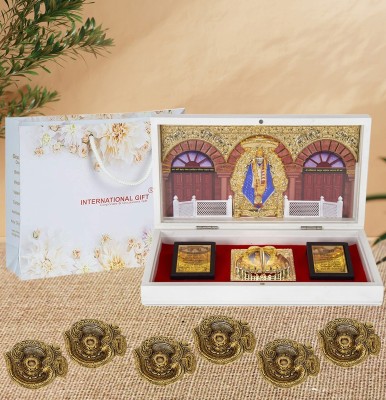 INTERNATIONAL GIFT Silver Sai Baba Idol With 6 Pics Puja Diya with Agarbatti Incense Stick Stand Decorative Showpiece  -  10 cm(Gold Plated, Gold)