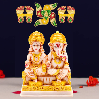 NOKTUS Laxmi Ganesh idol set With 2 Pair Laxmi ji Feet (Charan), 1 Swastik Sticker Decorative Showpiece  -  12 cm(Marble, Gold)