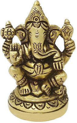 Om Pooja Shop Chaturbhuja Dhari Ganesh ji Brass Murti Decorative Showpiece  -  8.89 cm(Brass, Gold)