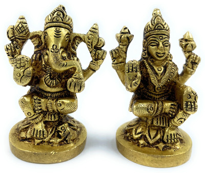patitpavan Pure Ashtadhatu Laxmi Ganesh idol in Flower Shaped Base antique Finished Decorative Showpiece  -  5 cm(Brass, Gold)