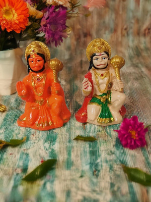 Digital Comm Set Of 2 Hanuman Ji Ki Murti 3.5 Inch In Blessing Posture With Gada Sitting Decorative Showpiece  -  9 cm(Resin, Orange, Beige)
