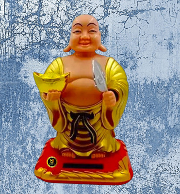 HUZUR JI Laughing Buddha Holding Ingot and Waving Moving Head and Fan Decorative Showpiece  -  10 cm(Plastic, Yellow)